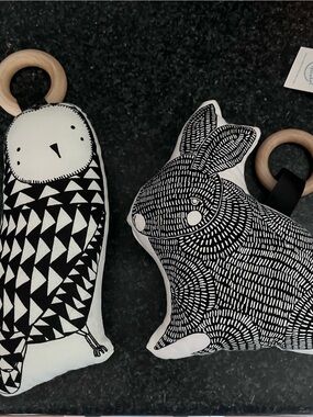 Black & White Rabbit and Bird and bear Plush Teether Toys